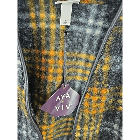 Ava Viv Plaid Jacket Cardigan 1X Women Black Yellow Orange Faux Leather Trim - Picture 4 of 8